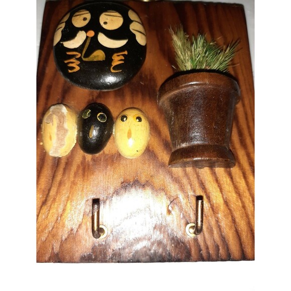 Vintage Handcrafted Keyhook Painted Rocks Stained Wood Backing Boho Ecclectic - Picture 4 of 12